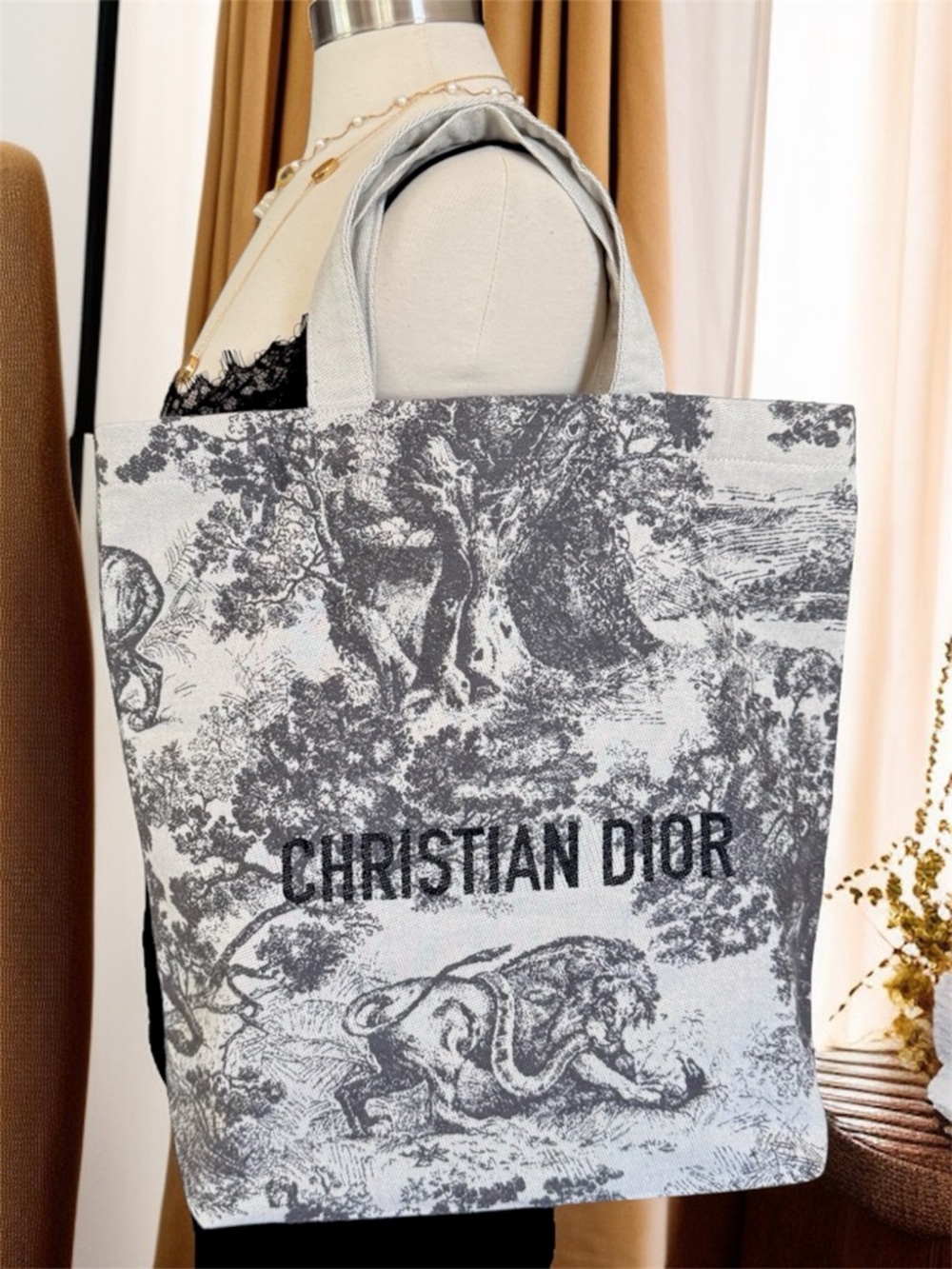 Christian Dior Toile de Jouy Tote Bag - Cream & gray